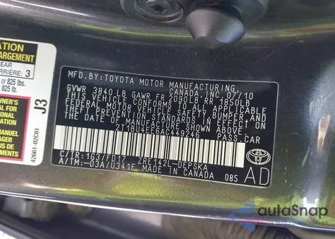 2010 Toyota Corolla S z USA, uszkodzony, nr VIN 2T1BU4EE6AC449246